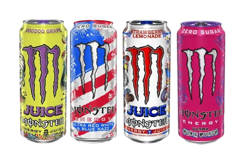 Monster USA New Release Bundle (Ultra Red White & Blue Razz, Ultra Punk Punch, Strawberry Lemonade & Voodoo Grape) 4 x 473ml