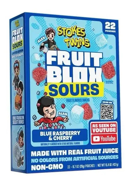 FruitBlox Sours Stokes Twins Blue Raspberry & Cherry 22 Pouches