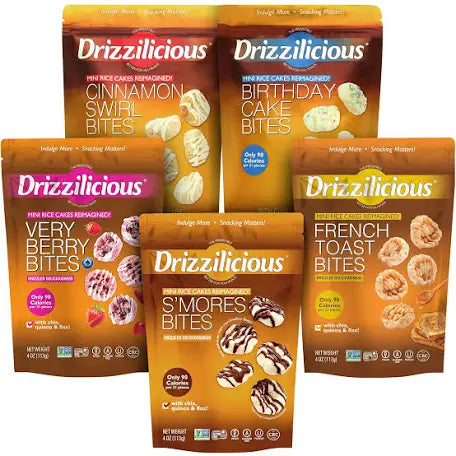 Drizzilicous Mini Rice Cake Bites Variety Pack Of 5 x 113g (Very berry, S’mores, French toast, Cinnamon Swirl, and Birthday cake)
