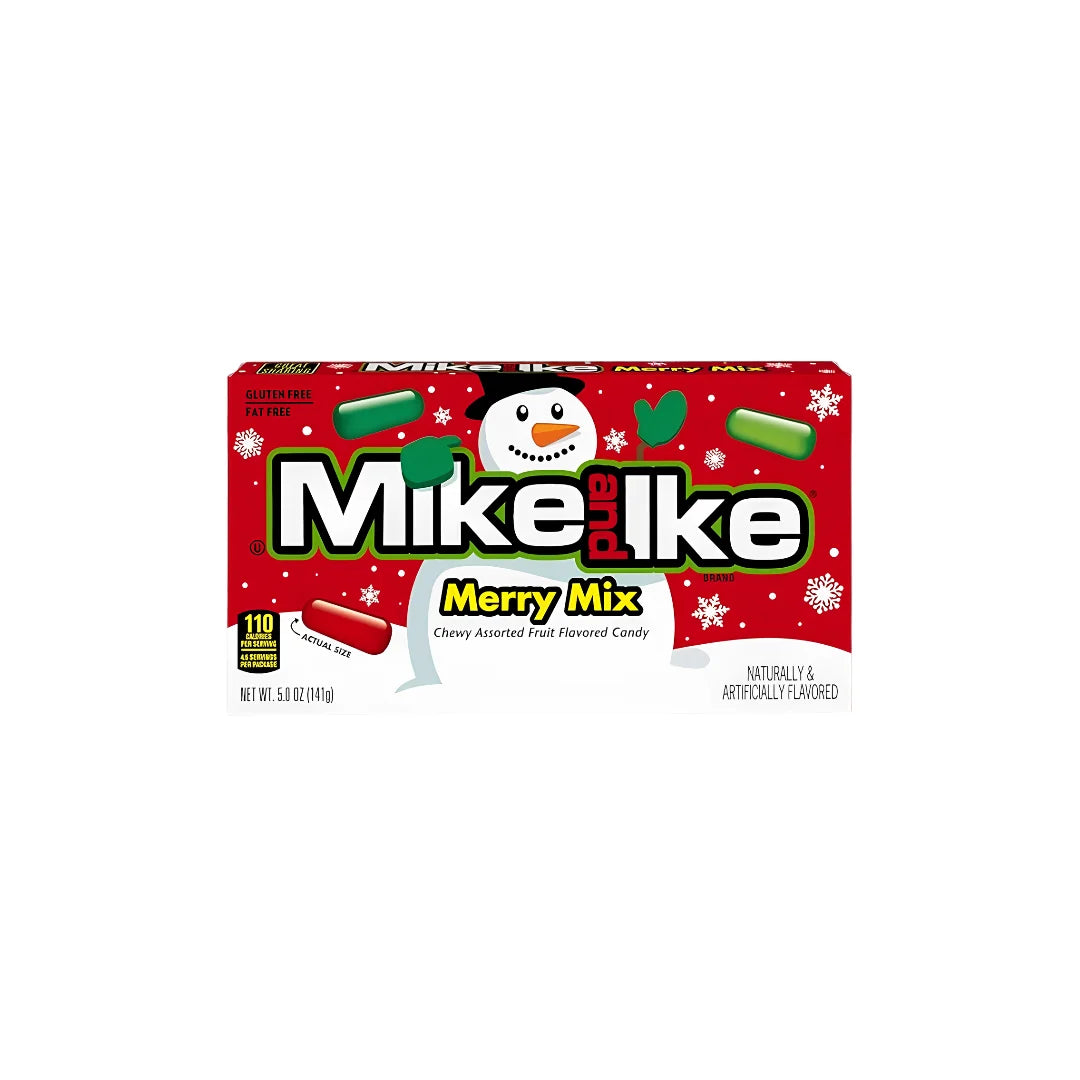 A box of Mike and Ike Merry Mix chewy assorted fruit flavored candy on a plain white background.