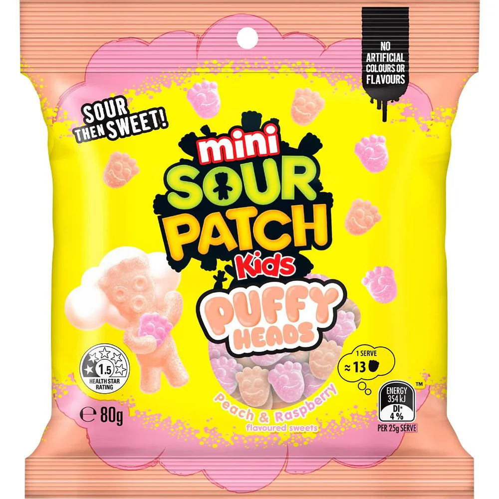 Mini Sour Patch Kids Puffy Heads Peach & Raspberry 80g