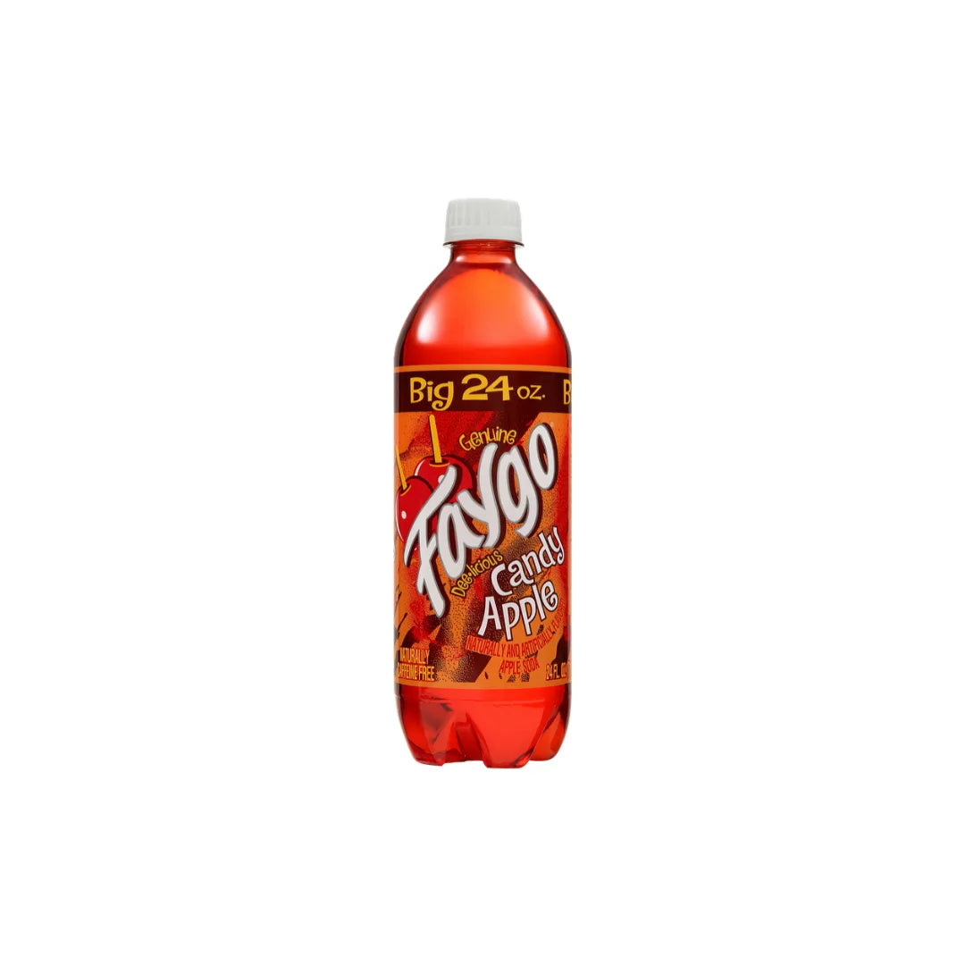 A 24 oz bottle of Fajoo Candy Apple soda on a plain white background.