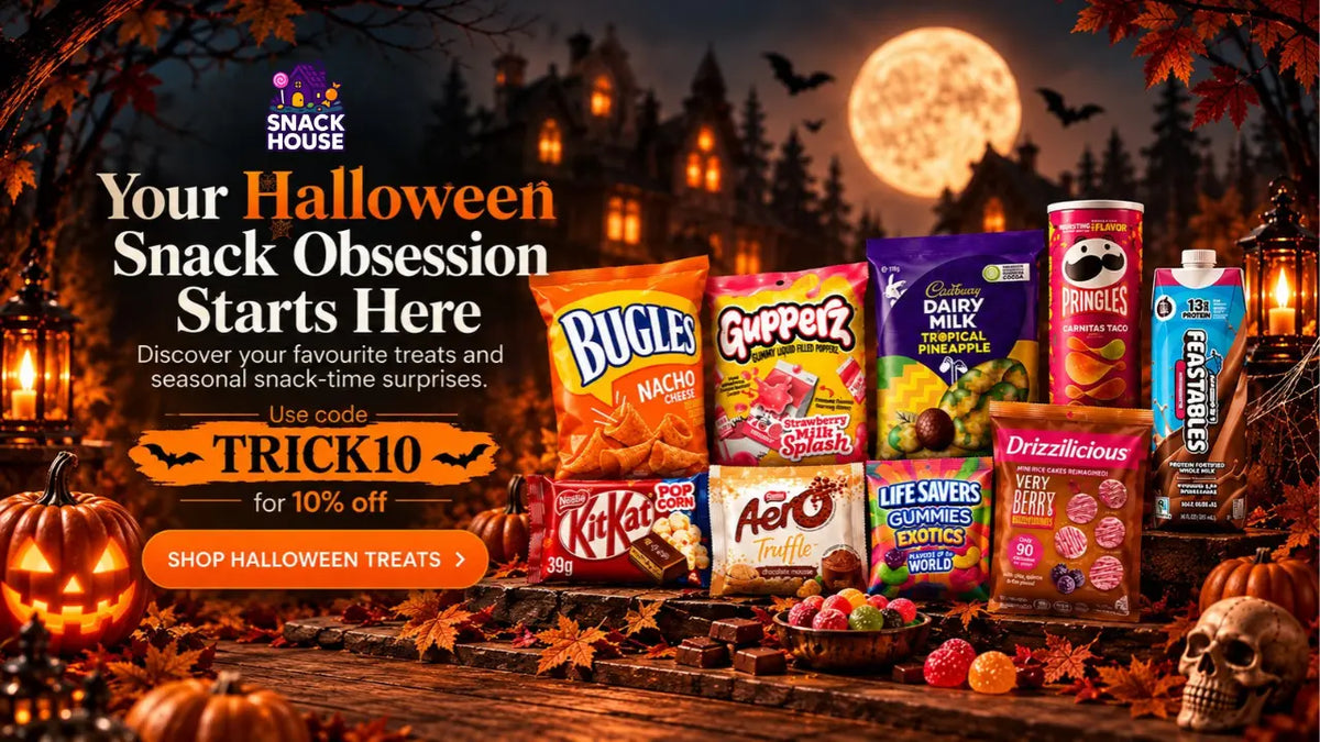 A Halloween-themed promotional banner for Snack House featuring an assortment of candy and snack packages arranged on a rustic table with pumpkins, lanterns, autumn leaves, and a full moon in the background. Large text on the left reads 'Your Halloween Snack Obsession Starts Here' with a discount offer.