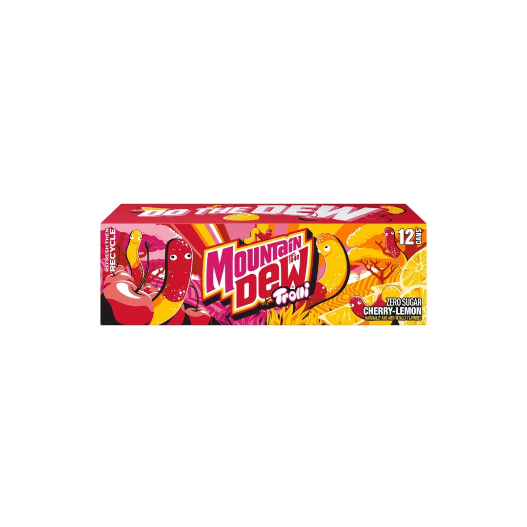 Mountain Dew Pop Cherry-Lemon 12 pack box, featuring vibrant red, yellow, and orange graphics with cartoon characters on a plain white background.