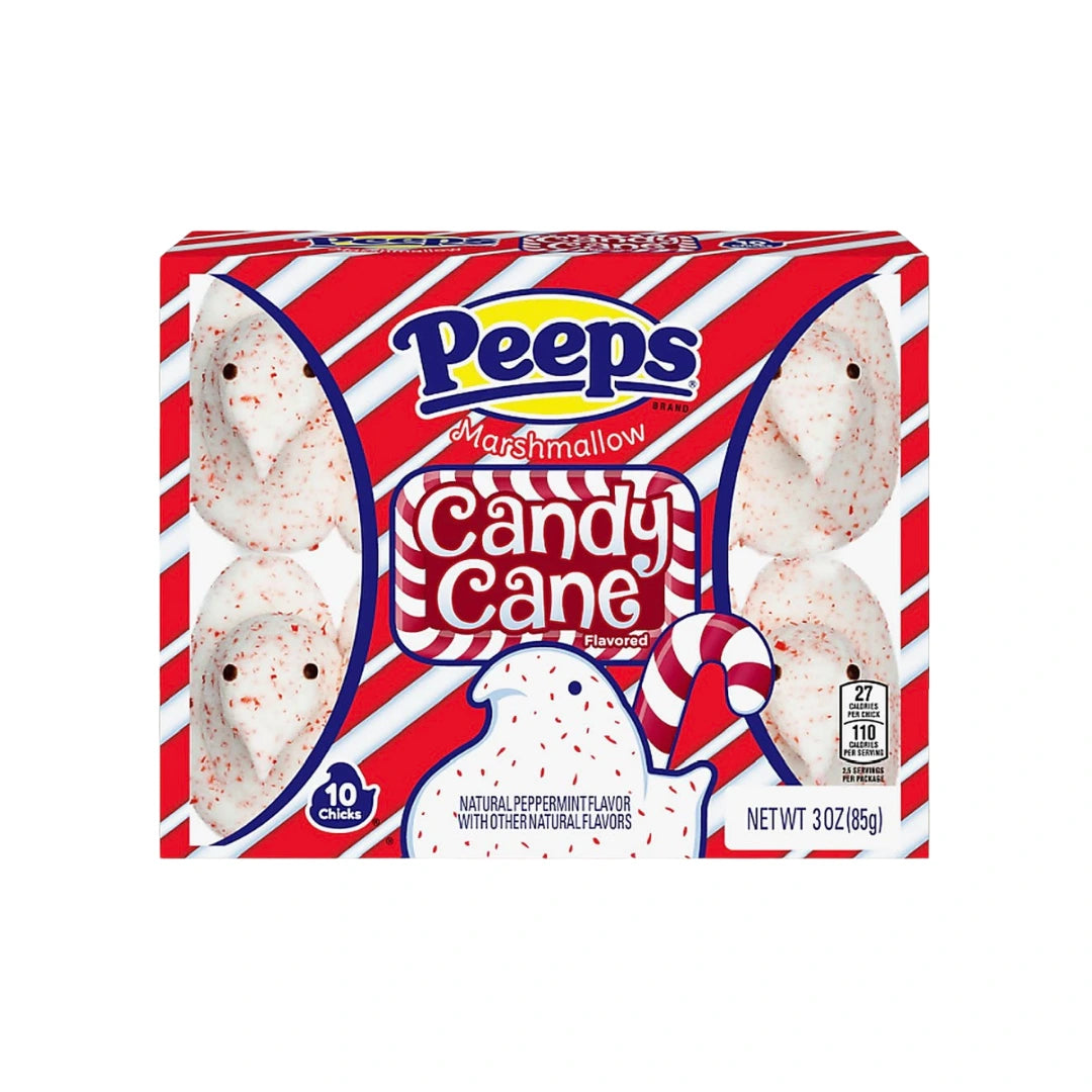 A 3-pack box of Peeps Marshmallow Candy Cane flavored marshmallow peeps, featuring red and white striped packaging with illustrations of the marshmallow peeps and a ghost.