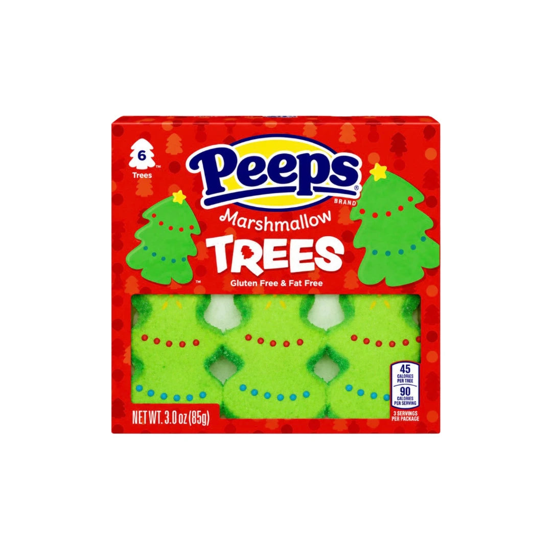 A box of Peeps Marshmallow Trees, featuring green marshmallow tree-shaped treats visible through a clear window on a red package with blue and white branding.