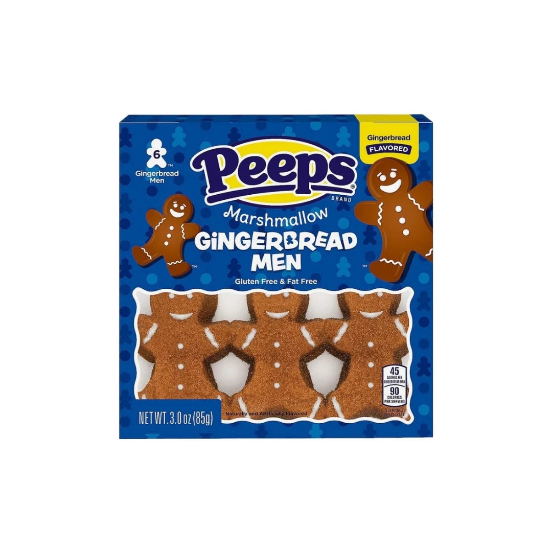 Peeps Marshmallow Gingerbread Men cookies in a blue retail box, showing three gingerbread-shaped cookies visible through a clear window on the front.