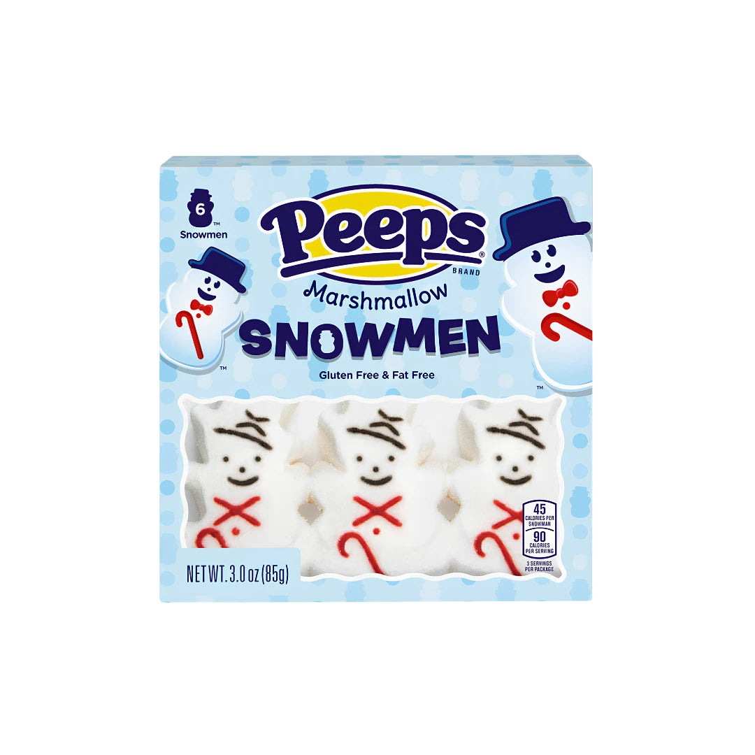 A box of Peeps Marshmallow Snowmen, featuring white marshmallow snowmen with red and black facial features on a light blue background with white polka dots.