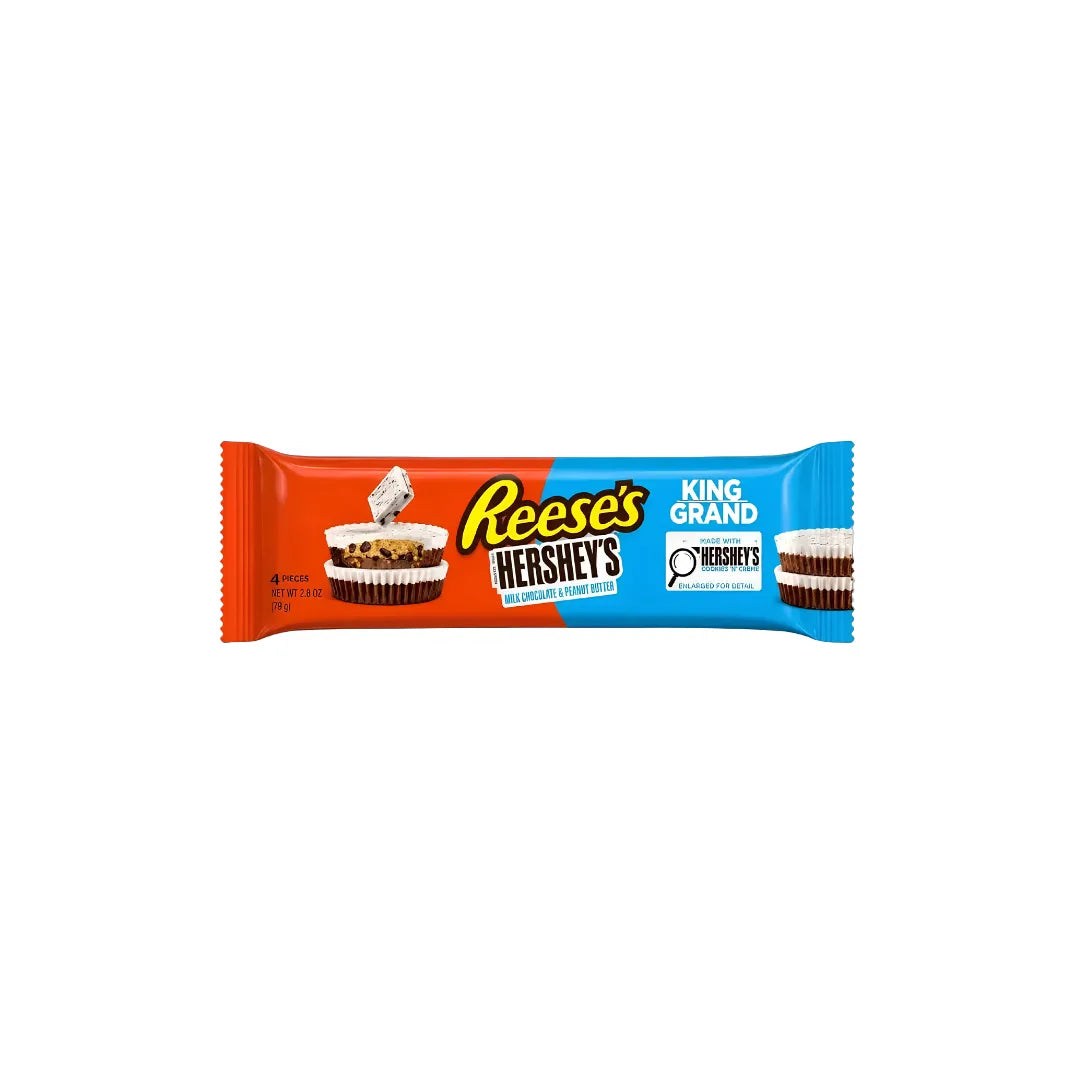 A single Reese's Hershey's King Grand chocolate bar in its original wrapper, shown horizontally against a plain white background.